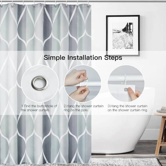 Gelbchu Duschvorhang-Set aus grauem Stoff, geometrisches Muster, B 108 x H 72, wasserdichtes Design und Polyester, schnell trocknend, beschwerter Saum, langlebig und waschbar, mit 12 Haken
