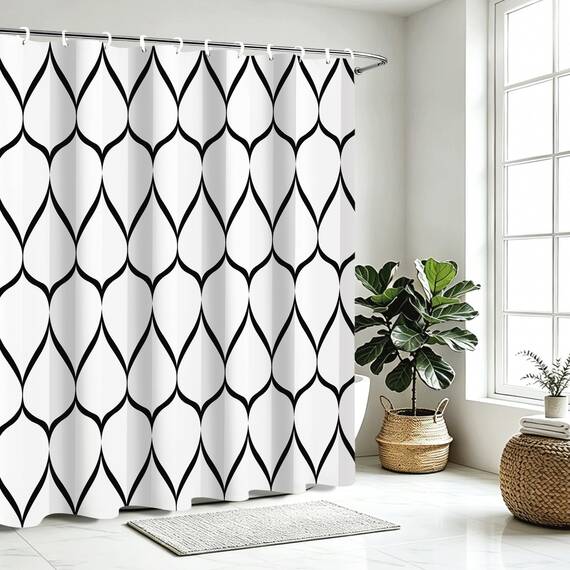 Gelbchu Duschvorhang, 183 x 183 cm, wasserdichtes Design und Polyester, schnell trocknend, strapazierfähig, Duschvorhänge-Set für Badezimmer, maschinenwaschbar mit 12 Kunststoffhaken, Weiß / Schwarz
