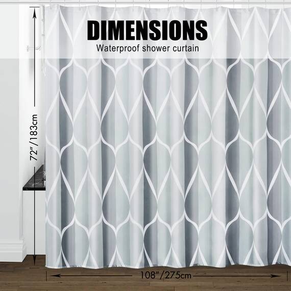 Gelbchu Duschvorhang-Set aus grauem Stoff, geometrisches Muster, B 108 x H 72, wasserdichtes Design und Polyester, schnell trocknend, beschwerter Saum, langlebig und waschbar, mit 12 Haken