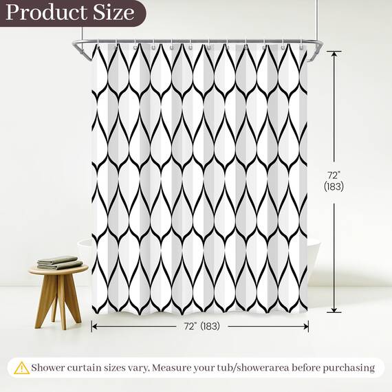Gelbchu Duschvorhang, 183 x 183 cm, wasserdichtes Design und Polyester, schnell trocknend, strapazierfähig, Duschvorhänge-Set für Badezimmer, maschinenwaschbar mit 12 Kunststoffhaken, Weiß / Schwarz