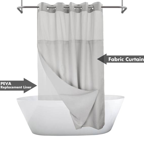 Langer Duschvorhang ohne Haken, strukturiert, mit einrastbarem PEVA-Auskleidung, 180,3 x 195,6 cm, Hotelstil mit durchsichtigem Fenster, grauer Stoffvorhang und wasserdichtem Futter, grau, 180,3 x