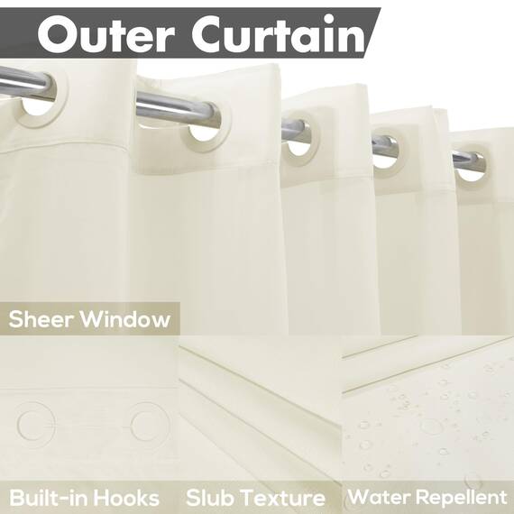 Duschvorhang ohne Haken, strukturiert, mit einrastbarem PEVA-Innenfutter, 180,3 x 188 cm, Hotel-Stil, cremefarben, Duschvorhang mit durchsichtigem Fenster oben, wasserabweisend, B 181 x H 72 cm,