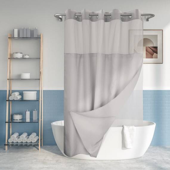 River Dream Duschvorhang ohne Haken, strukturiert, mit PEVA-Innenfutter, 180,3 x 188 cm, Hotel-Stil mit durchsichtigem Fenster, maschinenwaschbar und wasserabweisend, grau, 71 x 74 cm