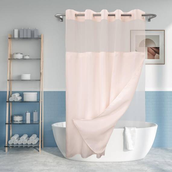 River Dream Strukturierter Duschvorhang ohne Haken, mit PEVA-Auskleidung, 180,3 x 188 cm, Hotel-Stil mit durchsichtigem Fenster, Stoff-Außenvorhang und wasserdichtem Innenfutter, Rosa, 180,3 x 188 cm