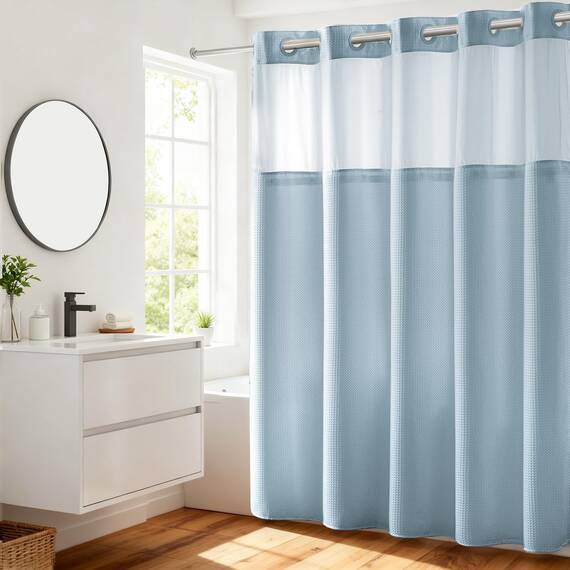 River Dream Duschvorhang, schwer, Keine Haken erforderlich, gepunktet, Waffelgewebe, mit Einrasteinsatz, 71 x 74 cm, Hotelqualität, Wellness-ähnlicher Badvorhang, Blau