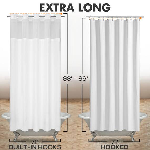 Extra langer Duschvorhang ohne Haken, strukturiert, mit einrastbarem PEVA-Innenfutter, Hotel-Stil, durchsichtiges Fenster, Stoffvorhang und wasserdichtes Futter, 180,3 x 248,9 cm, Weiß, 180,3 x 248,9