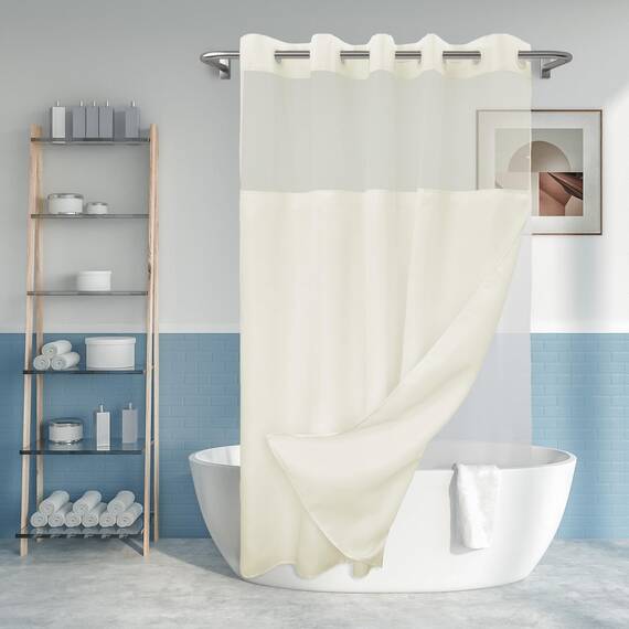 Duschvorhang ohne Haken, strukturiert, mit einrastbarem PEVA-Innenfutter, 180,3 x 188 cm, Hotel-Stil, cremefarben, Duschvorhang mit durchsichtigem Fenster oben, wasserabweisend, B 181 x H 72 cm,