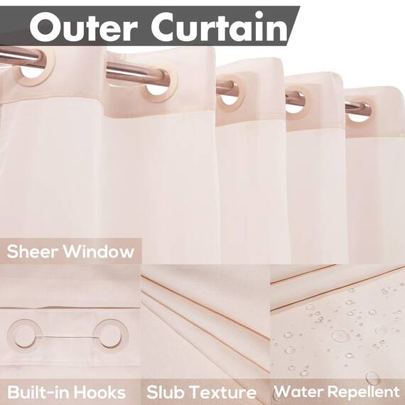 River Dream Strukturierter Duschvorhang ohne Haken, mit PEVA-Auskleidung, 180,3 x 188 cm, Hotel-Stil mit durchsichtigem Fenster, Stoff-Außenvorhang und wasserdichtem Innenfutter, Rosa, 180,3 x 188 cm
