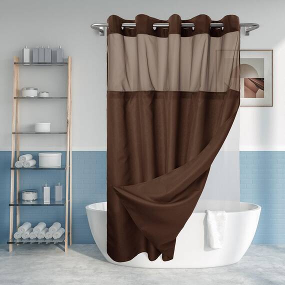 River Dream Duschvorhang ohne Haken, strukturiert, mit PEVA-Innenfutter, 180,3 x 188 cm, Hotel-Stil mit durchsichtigem Fenster, maschinenwaschbar und wasserabweisend, Schokoladenbraun, 71 x74