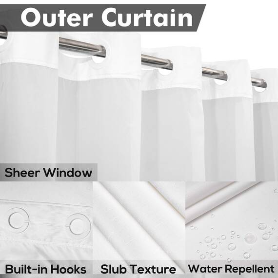 River Dream Duschvorhang, lang, ohne Haken, strukturiert, mit PEVA-Auskleidung, 180,3 x 203,2 cm, Hotel-Stil mit durchsichtigem Fenster, Stoffvorhang und wasserdichtem Futter, Weiß, 71 x 80,3 cm 0