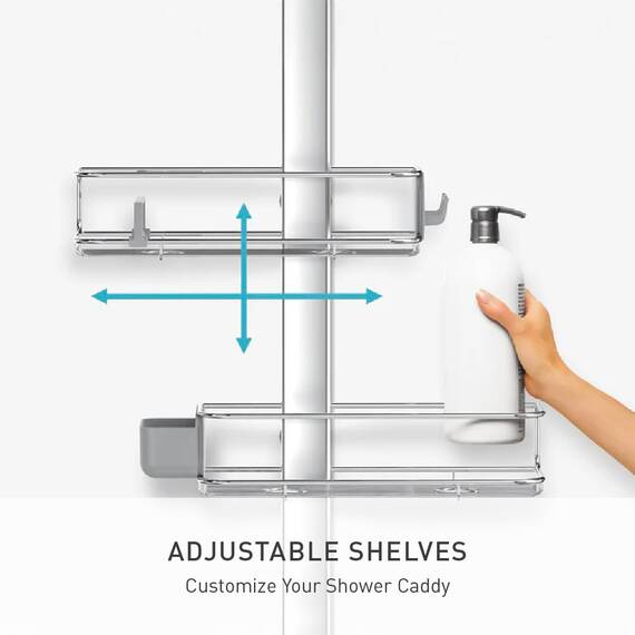 simplehuman BT1098 Mittelgroßer vertellbar Duschcaddy, Duschregal zum Hängen, Badregal ohne Bohren, Edelstahl + eloxiertes Aluminium, 5 Jahre Garantie