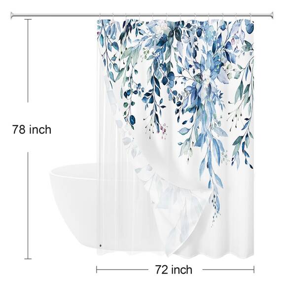 Gibelle Langes 3-in-1-Duschvorhang-Set, Aquarell-Eukalyptus-Badevorhang und PEVA-Auskleidung, Set mit 12 Metallhaken, moderner wasserdichter Stoff-Badezimmervorhang, 183 x 190 cm, Blau