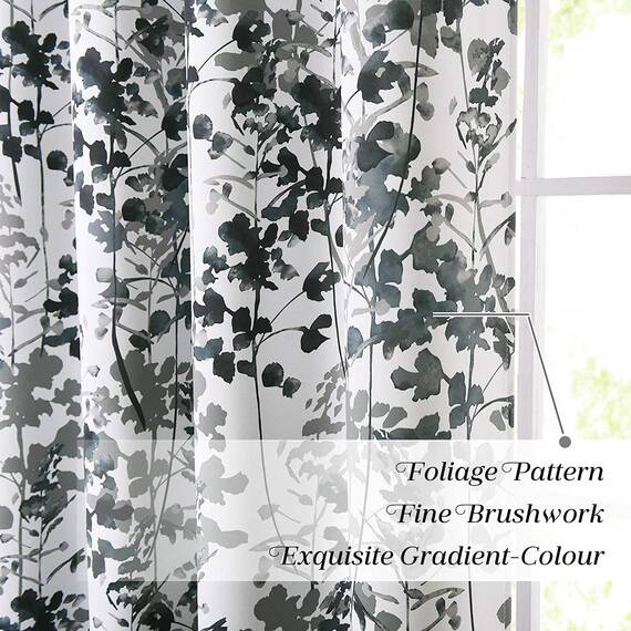 KGORGE Verdunkelungsvorhänge, Landhausstil, Boho-Stil, für Sichtschutz, Aquarell-Blätter, bedruckt, für Kunstgalerie, Ausstellung, Wohnzimmer, Kinderzimmer, Büro, B 132 x L 160 cm, 2 Vorhänge, Grau