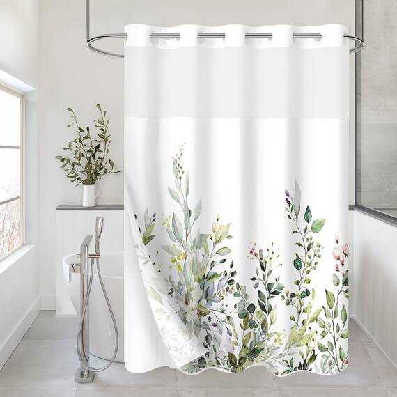 Gibelle Langer Duschvorhang ohne Haken, mit Stoffeinsatz, 182,9 x 203,2 cm, Hotel-Stil, doppellagig, Salbeigrün, Eukalyptusblätter, Duschvorhang mit durchsichtigem Fenster oben