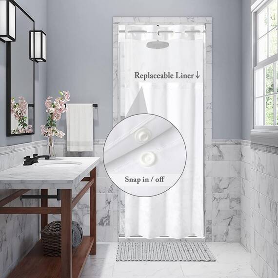 Gibelle Kleiner Duschvorhang ohne Haken, mit Stoffeinsatz, 91,4 x 188 cm, Hotel-Stil, doppellagig, Salbeigrün, Eukalyptusblätter, Duschvorhang mit durchsichtigem Fenster oben