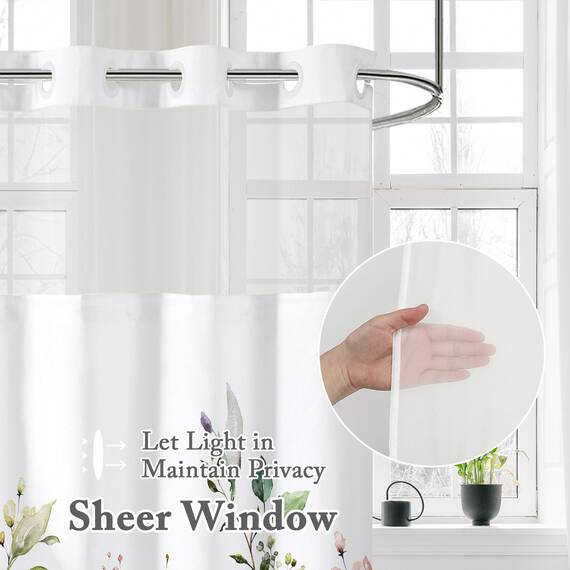 Gibelle Langer Duschvorhang ohne Haken, mit Stoffeinsatz, 182,9 x 203,2 cm, Hotel-Stil, doppellagig, Salbeigrün, Eukalyptusblätter, Duschvorhang mit durchsichtigem Fenster oben