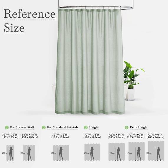KGORGE Leinen-Duschvorhang, halbtransparent, leicht, Knopfloch, halbsichtbar, schnell trocknend, Duschvorhänge für Badezimmer, Badewanne, Dekoration, graugrün, 183 x 213 cm lang, Haken im Lieferumfang