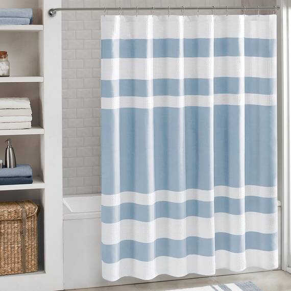 Madison Park Duschvorhang, Waffelgewebe, Stoff-Duschvorhang mit 3M-Scotchgard-Feuchtigkeitsmanagement, hochwertige Spa-Qualität, Moderne Duschvorhänge für Badezimmer, Breite 274,3 x 182,9 cm, Blau