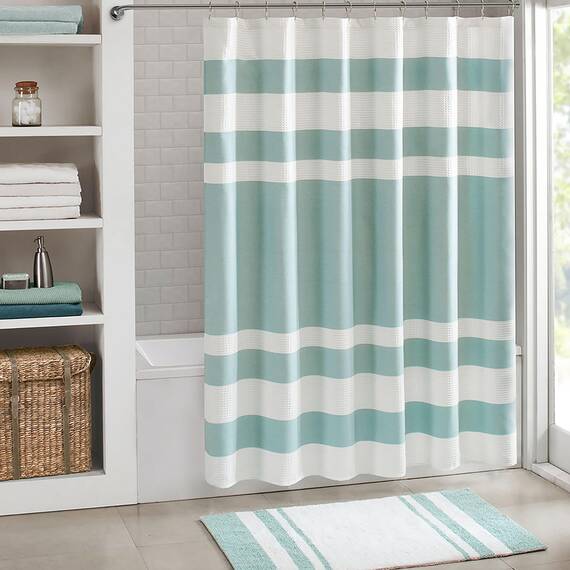 Madison Park Duschvorhang, Waffelgewebe, Stoff-Duschvorhang mit 3M Scotchgard-Feuchtigkeitsmanagement, Premium-Spa-Qualität, Moderne Duschvorhänge für Badezimmer, hoch 183,9 x 213,4 cm, Aqua