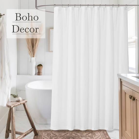 KGORGE Weißer Leinen-Duschvorhang, halbtransparent, leicht, Knopfloch, halbsichtbar, schnell trocknend, Duschvorhänge für Badezimmer, Badewanne, Dekoration, Weiß, 183 x 243 cm lang, Haken im