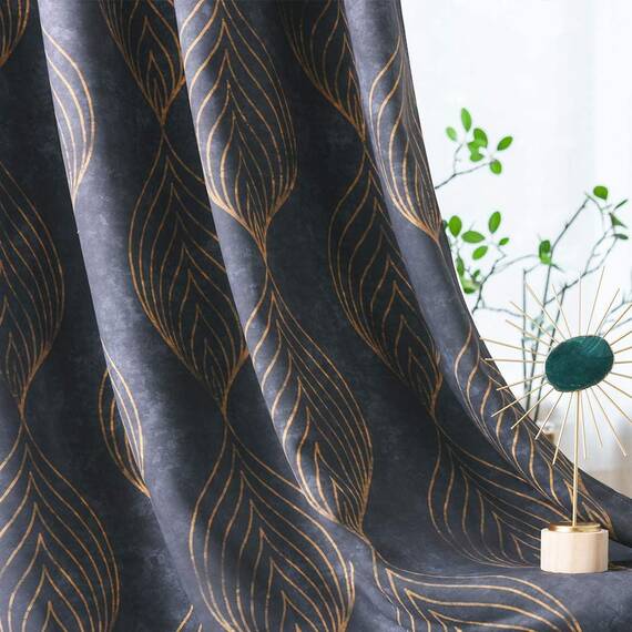 KGORGE Dunkle bedruckte dekorative Kunstvorhänge für Wohnzimmer, verdunkelnde Fenstervorhänge für Schlafzimmer, Geschenk, geometrische Goldlinien, Mitte des Jahrhunderts, Breite 132 x Länge 213,4 cm