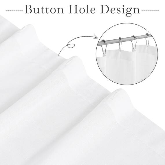 KGORGE Weißer Leinen-Duschvorhang, halbtransparent, leicht, Knopfloch, halbsichtbar, schnell trocknend, Duschvorhänge für Badezimmer, Badewanne, Dekoration, Weiß, 183 x 229 cm lang, Haken im