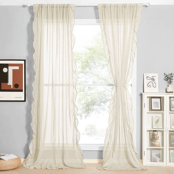 KGORGE Rüschen-Vorhänge für Schlafzimmer, halbtransparente Sichtschutz-Fensterabdeckung, weich und vertikal, schick, Bauernhaus-Vorhänge für Kinderzimmer, Badezimmer, B 132 x L 213 cm, 2 Paneele