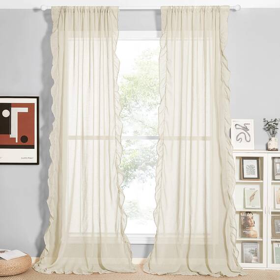 KGORGE Rüschen-Vorhänge für Schlafzimmer, halbtransparente Sichtschutz-Fensterabdeckung, weich und vertikal, schick, Bauernhaus-Vorhänge für Kinderzimmer, Badezimmer, B 132 x L 213 cm, 2 Paneele