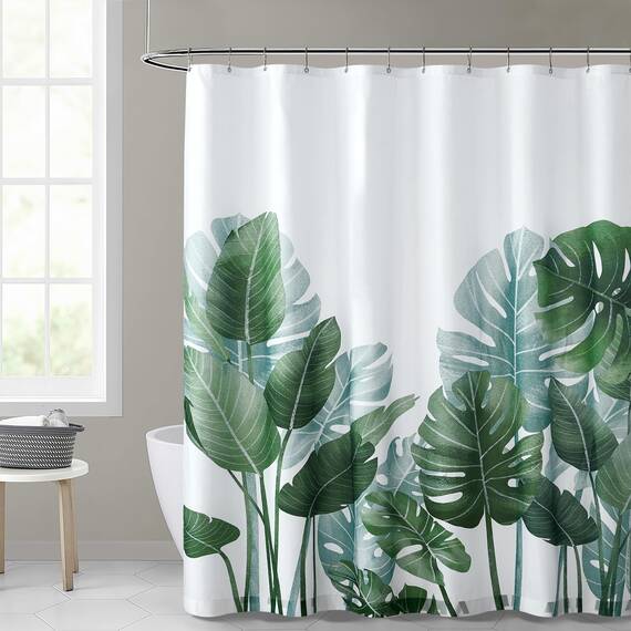 KGORGE Duschvorhänge für Badezimmer – tropische Blätter auf weißem Hintergrund, geruchloser Vorhang für Badezimmer Dusche und Badewanne, 183 x 183 cm lang, Haken enthalten