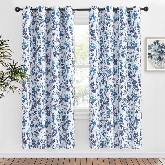 KGORGE Raumverdunkelnde, bedruckte Fenstervorhänge und Vorhänge, 100 % Privatsphäre, Bohemian-Vorhänge, modernes elegantes Blumenmuster für französische Tür/Café, 2 Bahnen (B x L x L), Blau