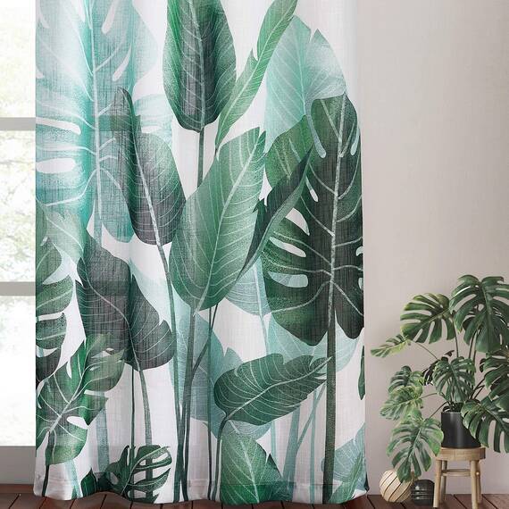 KGORGE Transparente Vorhänge, 213.4 cm Länge, Leinen-strukturiert, halbdurchsichtig, Tropische Blätter-Muster, halbtransparent, Fenstervorhänge für Schlafzimmer, Wohnzimmer, 2 Paneele, B 50 x L 84