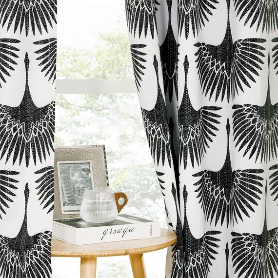 KGORGE Verdunkelungsvorhänge mit geometrischem Druck, Blumen- und Tiermuster, Fenstervorhänge für Wohnzimmer, Konferenzraum, wärmeisolierte Verdunkelungsvorhänge für Heimbüro, 52 B x 72 L, Schwarz, 2