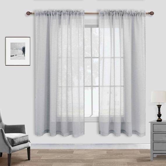 KOUFALL Hellgraue, durchsichtige Vorhänge, Leinenstruktur, gewebt, für Schlafzimmer, 2 Paneele, Stangentasche, modern, stilvoll, halbtransparent, 132x160 cm Länge, Silbergrau