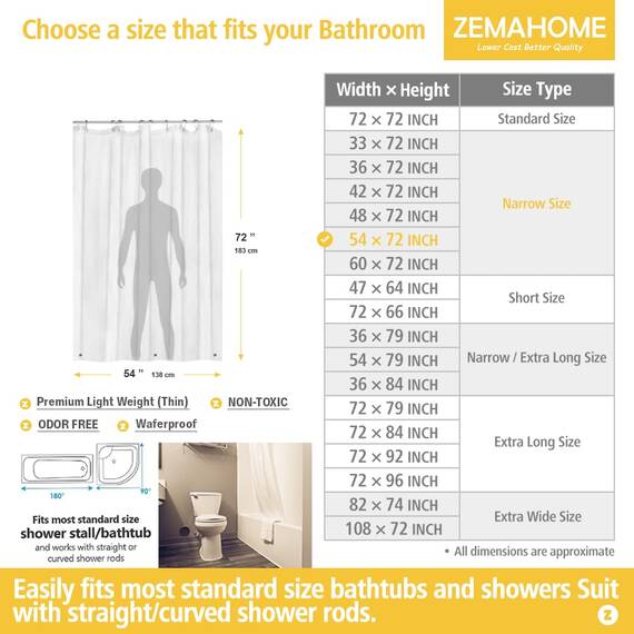 ZEMAHOME Duschvorhang, schmal, transparent, Kunststoff, 137 x 183 cm, dünn, leicht, transparent, für Badezimmer, Dusche, Ausstellungsraum, Innenvorhang mit rostfreien Metallösen, beschwerten Magneten