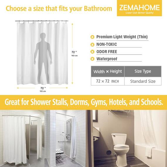 ZEMAHOME Weißer Kunststoff-Duschvorhang, 183 x 183 cm, dünn, leicht, Kunststoff, Badezimmer, Dusche, Showroom, Innenvorhang mit rostfreien Metallösen und beschwerten Magneten