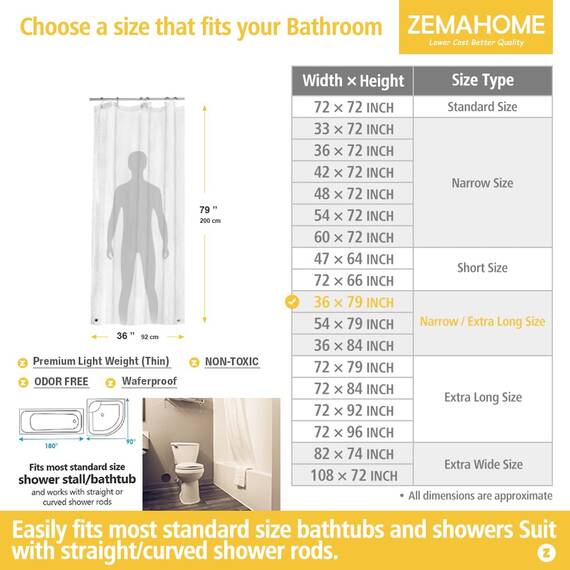 ZEMAHOME Schmaler langer transparenter Kunststoff-Duschvorhang, 91 x 200 cm, dünn, leicht, transparent, Kunststoff, Bad, Dusche, Showroom, Innenvorhang mit rostfreien Metallösen, beschwerten Magneten
