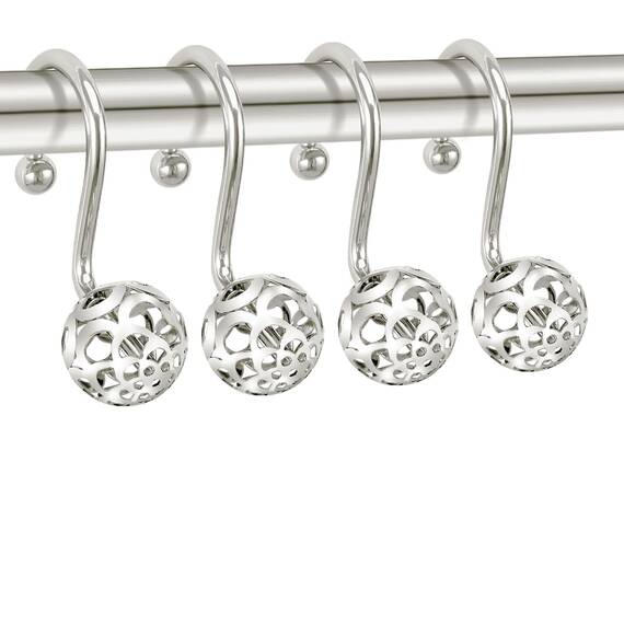 Chictie Duschvorhanghaken aus Nickel, dekorative Duschvorhangringe, Set mit 12 silberfarbenen Metallen, rostfreie Duschaufhänger für Badezimmer-Vorhänge, Stangen, hohles Kugel-Design
