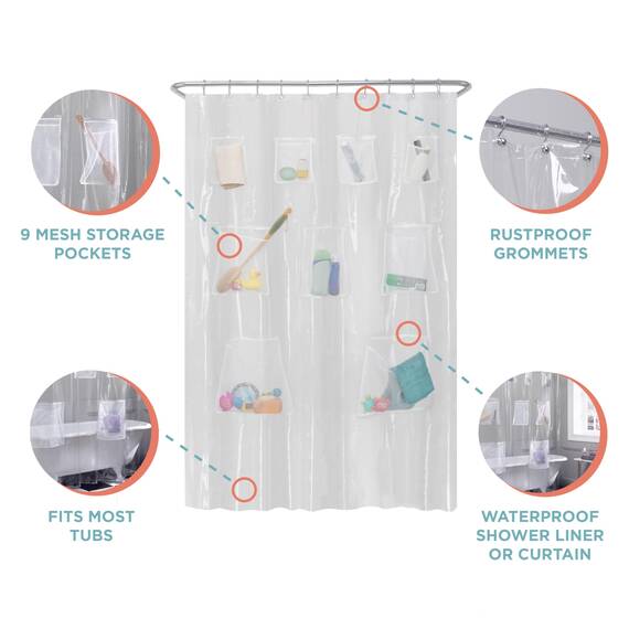 Zenna Home Maytex Schnell trocknende Netztaschen, wasserdichter PEVA-Duschvorhang oder -Auskleidung, für Bad/Dusche, transparent, 178 x 183 cm