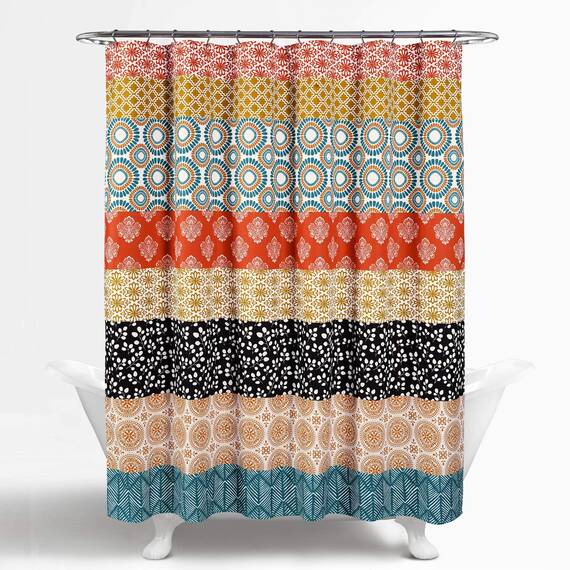 Lush Decor Bohemian-Streifen-Duschvorhang, 183 x 183 cm (B x L), Türkis und Orange, Bezauberndes und auffälliges buntes Design, perfekt für Boho-Badezimmer-Dekor