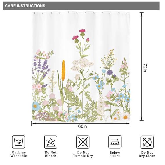 Riyidecor Wildblumen-Duschvorhang für Badezimmerzubehör, 152 x 183 cm, Aquarell, Blume, Pflanze, Botanische Kräuter, Frühlingsgras, bunte Blüten, Stoff, Badezimmer-Dekor-Set, 12 Stück Kunststoffhaken