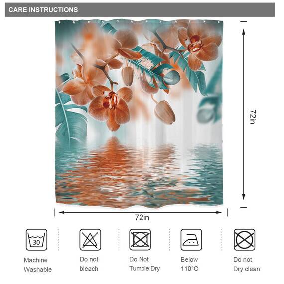 Riyidecor Duschvorhang, Orchidee, reflektierend, tropische Blume, Blätter, Gemälde, Zen-Dekor, Stoff, Polyester, wasserdicht, 183 x 183 cm, 12 Stück Kunststoffhaken, WW-T8 x 3 cm, Blaugrün und Orange