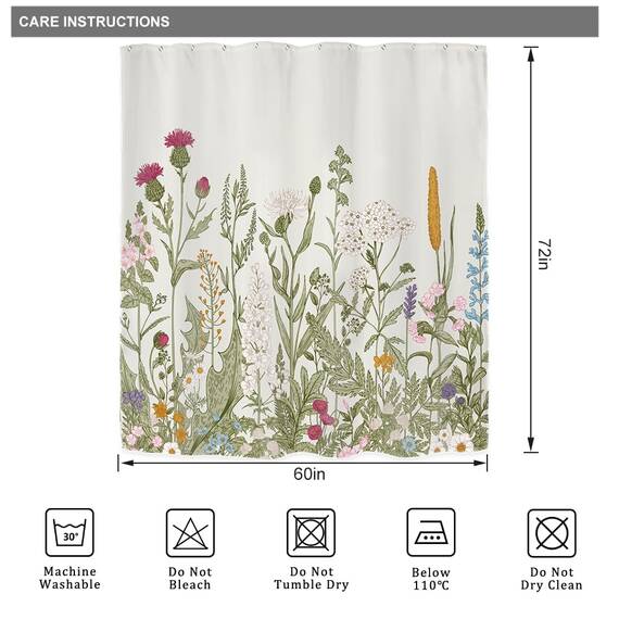 Riyidecor Duschvorhang aus Stoff, grüne Blätter, für Badezimmer, Dekoration, 152x183 cm, florale Blume, botanische Wildblume, dekoratives Bad-Set, wasserdicht, 12 Stück Haken