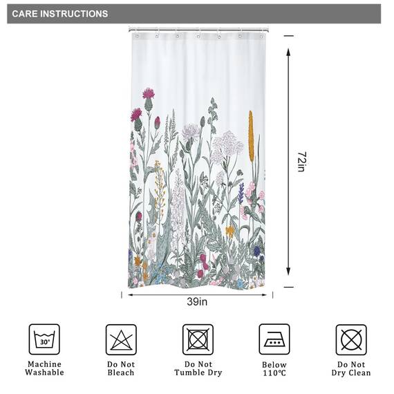 Riyidecor Duschvorhang, Walk in Wildblume, 91,4 x 183,9 cm (B x H), schmale botanische Bordüre, Kräuter, Wildblumen, Pflanzenstrauß, Aquarell, Frühlingsstoff, wasserdichtes Polyester, mit 7
