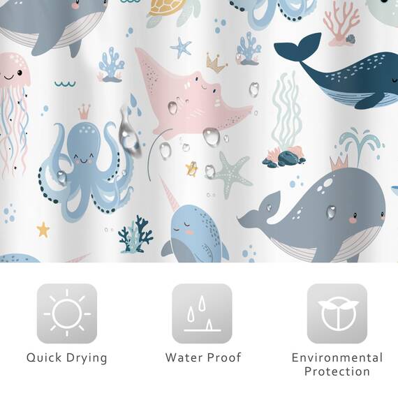 Riyidecor Kinder-Duschvorhang mit Cartoon-Tiermotiv, 152x183 cm, Unterwasserwelt, Wal, Oktopus, Quallen, Seestern, niedlich, rosa, blau, Meeresalgen, Schildkröte, wasserdicht, 12 Haken