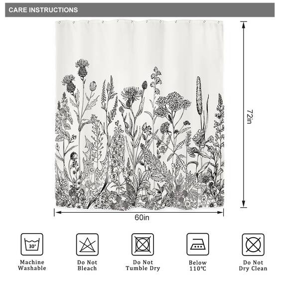 Riyidecor Duschvorhang mit Wildblumen-Motiv, Pflanzenkräuter, Tulpenpflanze, Naturblüten, Blätter, Skizze aus wasserdichtem Stoff, Badezimmer-Dekoration, 12 Stück Kunststoffhaken