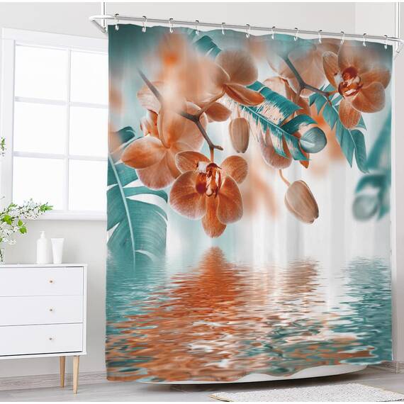 Riyidecor Duschvorhang, Orchidee, reflektierend, tropische Blume, Blätter, Gemälde, Zen-Dekor, Stoff, Polyester, wasserdicht, 183 x 183 cm, 12 Stück Kunststoffhaken, WW-T8 x 3 cm, Blaugrün und Orange