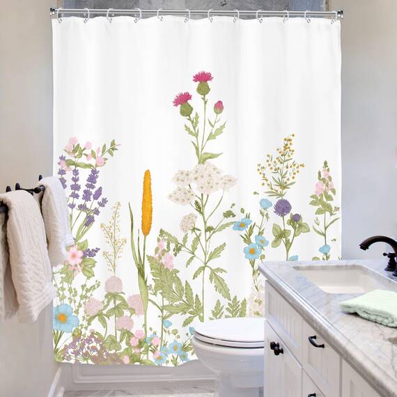 Riyidecor Wildblumen-Duschvorhang für Badezimmerzubehör, 152 x 183 cm, Aquarell, Blume, Pflanze, Botanische Kräuter, Frühlingsgras, bunte Blüten, Stoff, Badezimmer-Dekor-Set, 12 Stück Kunststoffhaken