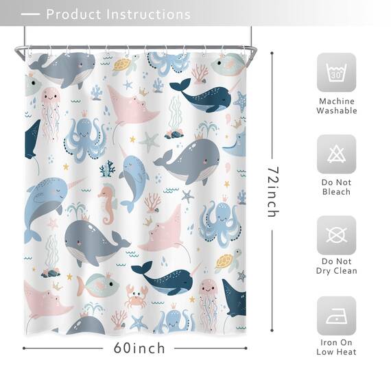 Riyidecor Kinder-Duschvorhang mit Cartoon-Tiermotiv, 152x183 cm, Unterwasserwelt, Wal, Oktopus, Quallen, Seestern, niedlich, rosa, blau, Meeresalgen, Schildkröte, wasserdicht, 12 Haken