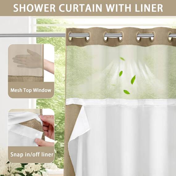 YellyHommy Duschvorhang ohne Haken, mit Einrastfutter, für Badezimmer, 190,5 x 182,9 cm, Beige