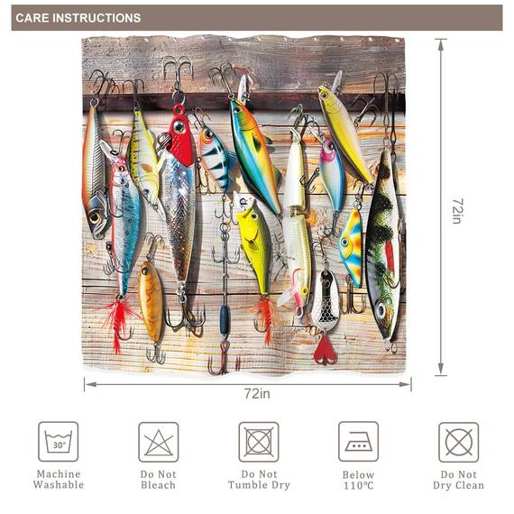 Riyidecor Brauner Angelköder-Duschvorhang für Badezimmer, Dekoration, 183 x 183 cm (B x H), Fischer, Ozean, Scheunentür, rustikales Vintage-Holzbrett, Retro-Kunstdruck, Stoff, Polyester, wasserdicht,